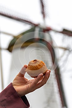 Traditional dutch and belgian deep fried pastry called Oliebol displayed in front of an old windmill