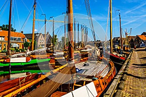 Traditional Dutch Botter Fishing Boats in the Harbor of the historic village of Spakenburg-Bunschoten