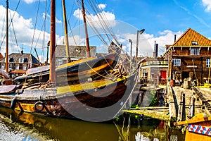 Traditional Dutch Botter Fishing Boats in the Harbor of the historic village of Spakenburg-Bunschoten