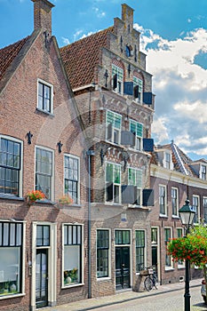 Traditional dutch city scene of old canal houses