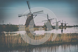 Traditional dutch countryside, landscape famous village of mills Kinderdijk, Netherlands