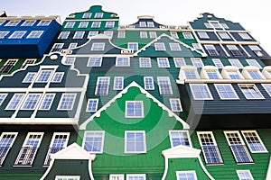 Traditional dutch houses stacked on top of each other in Zaandam