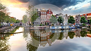 Traditional Dutch old houses on canals in Amsterdam, Netherland