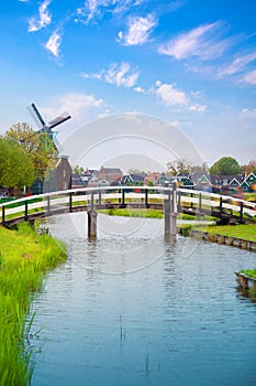 Traditional Dutch old wooden windmill in Zaanse Schans