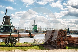 Traditional Dutch old wooden windmill in Zaanse Schans - museum