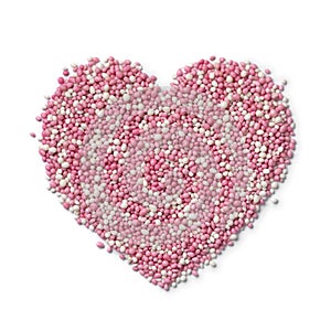 Traditional Dutch pink anise sprinkles in heart shape isolated on white background