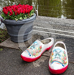 traditional Dutch shoes in park Keukenhof - largest flower garden in Europe, Holland.