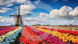 Traditional dutch windmill and colorful stripes of tulips field, Holland