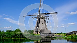 Traditional Dutch windmill in the village of Kinderdijk