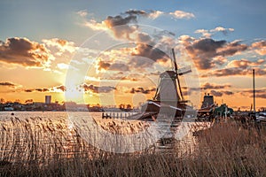 Traditional Dutch windmills against colorful sunset in Zaanse Schans, Amsterdam area, Holland