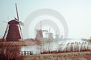 Traditional Dutch windmills at dawn