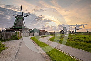 Traditional Dutch windmills at dusk, Zaanse Schans, Amsterdam