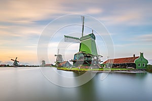 Traditional Dutch windmills at dusk, Zaanse Schans, Amsterdam