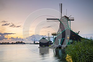 Traditional Dutch windmills at dusk, Zaanse Schans, Amsterdam