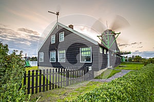 Traditional Dutch windmills at dusk, Zaanse Schans, Amsterdam