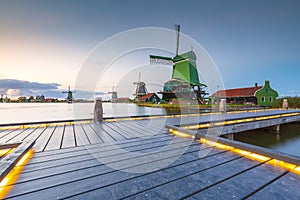 Traditional Dutch windmills at dusk, Zaanse Schans, Amsterdam