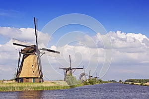 Traditional Dutch windmills on a sunny day at the Kinderdijk