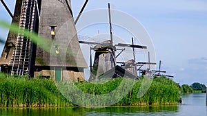 Traditional Dutch windmills in the village of Kinderdijk