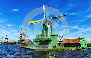 Traditional Dutch windmills at Zaanse Schans, Amsterdam, Netherland