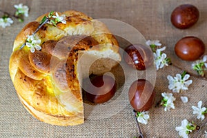 Traditional Easter baking bread with colorful eggs, still life in rustic style