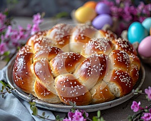 Traditional Easter Braided Bread on Festive Table Decorated with Colorful Eggs and Spring Flowers