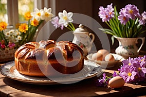 Traditional easter bread on table with flowers, traditional springtime festive holiday celebration decoration