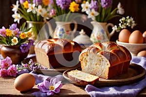 Traditional easter bread on table with flowers, traditional springtime festive holiday celebration decoration