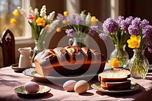 Traditional easter bread on table with flowers, traditional springtime festive holiday celebration decoration