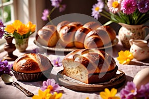 Traditional easter bread on table with flowers, traditional springtime festive holiday celebration decoration