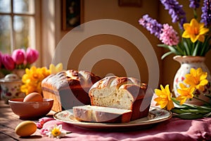 Traditional easter bread on table with flowers, traditional springtime festive holiday celebration decoration