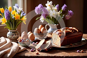 Traditional easter bread on table with flowers, traditional springtime festive holiday celebration decoration