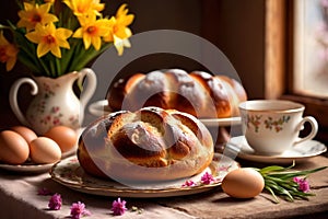 Traditional easter bread on table with flowers, traditional springtime festive holiday celebration decoration