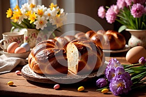 Traditional easter bread on table with flowers, traditional springtime festive holiday celebration decoration