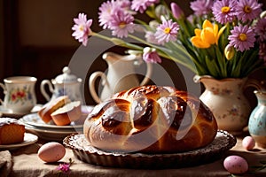 Traditional easter bread on table with flowers, traditional springtime festive holiday celebration decoration