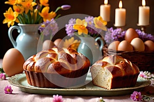 Traditional easter bread on table with flowers, traditional springtime festive holiday celebration decoration