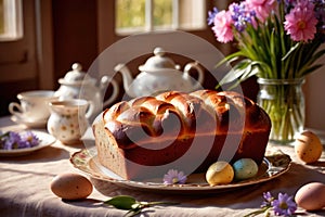 Traditional easter bread on table with flowers, traditional springtime festive holiday celebration decoration