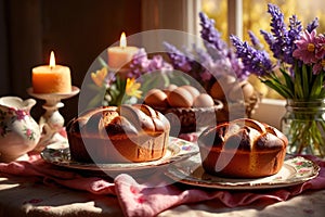 Traditional easter bread on table with flowers, traditional springtime festive holiday celebration decoration