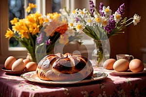 Traditional easter bread on table with flowers, traditional springtime festive holiday celebration decoration