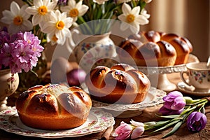 Traditional easter bread on table with flowers, traditional springtime festive holiday celebration decoration