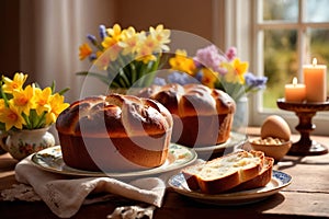 Traditional easter bread on table with flowers, traditional springtime festive holiday celebration decoration