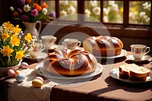 Traditional easter bread on table with flowers, traditional springtime festive holiday celebration decoration