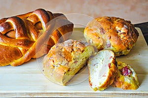 Folar de Ovos. Folar de Carnes. Typical Portuguese breads for Easter. photo