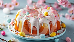 Traditional easter bunt cake with chocolate eggs. AI generated.