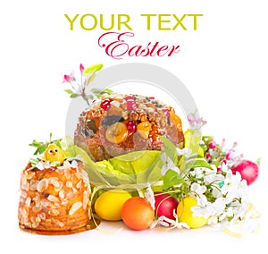 Traditional Easter cake and colorful painted eggs
