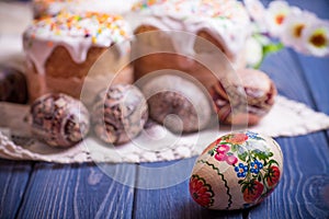 Traditional easter cake kulich Ukrainian Russian with colored eggs