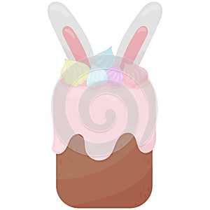 Traditional easter cake with pink icing, meringue and bunny ears, cute flat style vector element isolated