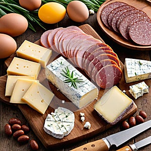 Traditional Easter cheeses and sausages: ham, Easter cheese, feta cheese