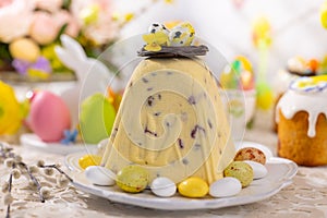 Traditional Easter Cottage Cheese Dessert for Orthodox Easter..Festive table with Easter treats and decoration