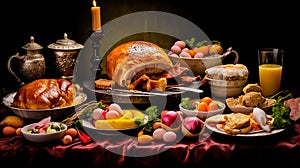 Traditional easter dinner or brunch with ham, colored eggs, hot cross buns, cake and vegetables. Generative Ai technology