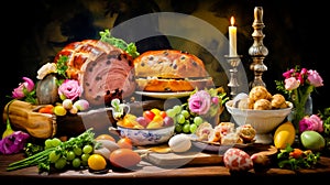 Traditional easter dinner or brunch with ham, colored eggs, hot cross buns, cake and vegetables. Generative Ai technology